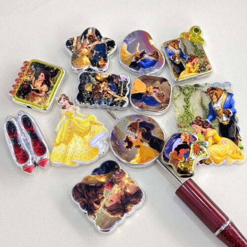 Beauty and the Beast Planar Resin Charms Bulk, Disney Princess Belle Silver Edge Resin Cabochons for DIY Pen & Keychain