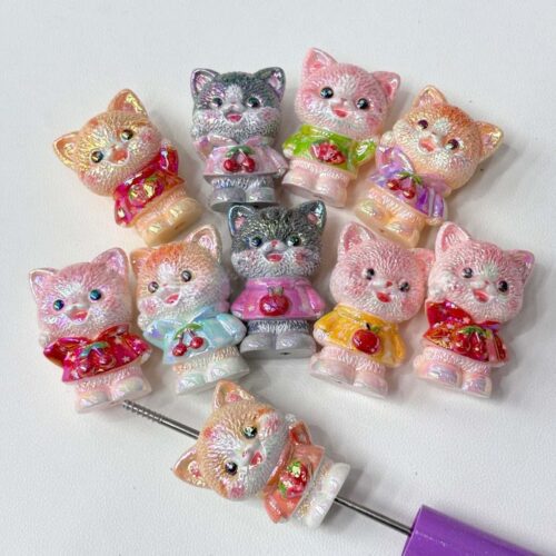Wholesale 3D Iridescent Kitten Resin Beads Bulk, Cute Cat Straight Hole Spacer Beads with Cherry Apple Print for DIY Jewelry Making
