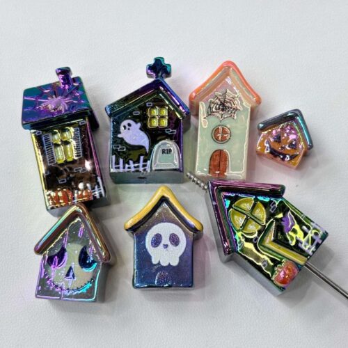 Wholesale 3D Iridescent Halloween Haunted House Resin Beads Bulk, Ghost Skull Pumpkin Straight Hole Spacer Beads for Jewelry Making
