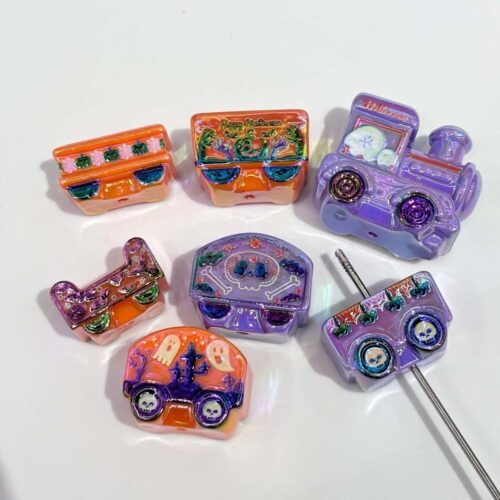 25 pcs Wholesale Iridescent Halloween Train Resin Beads Bulk, 3D Spooky Ghost Pumpkin Train Straight Hole Spacer Beads for Bracelet Jewelry Making